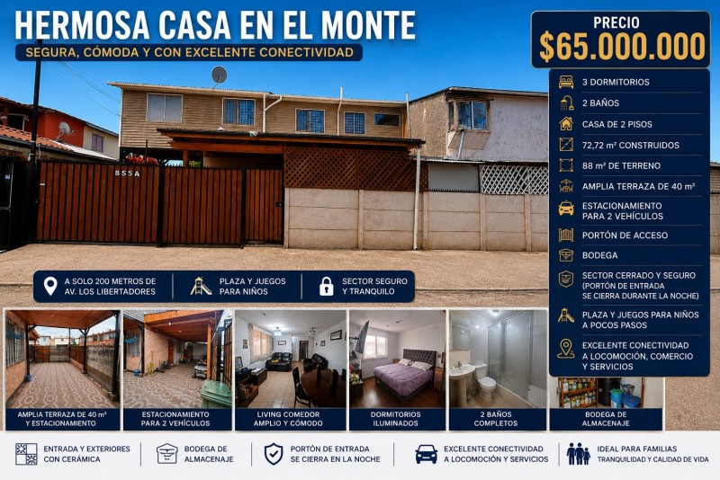 Casa 3D2B en el Monte|2Pisos+Terraza+2 Estacionamiento