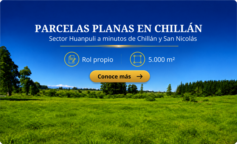 Parcelas planas a minutos San Nicolás y Chillán | Huanpuli