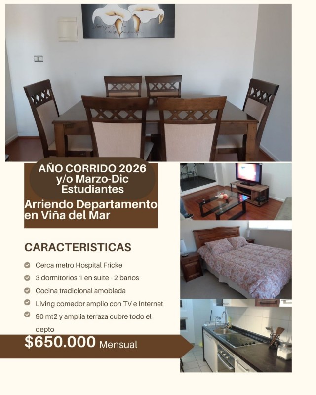 Fotografía de Arriendo Depto 3D-2B Hosp Fricke Viña del Mar 2026 $650.000